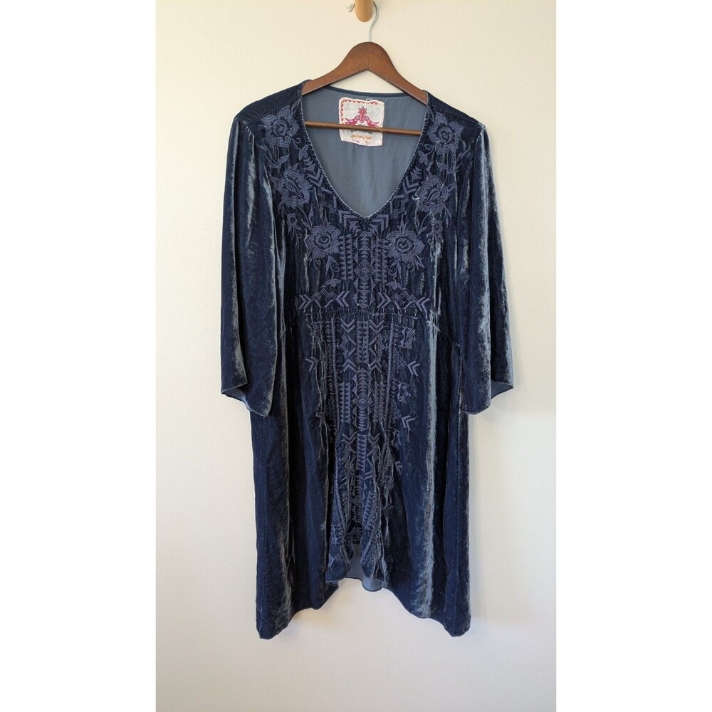 Johnny Was Velvet Embroidered Tunic Dress 1X Boho Floral Silk Blend Navy FLAWS